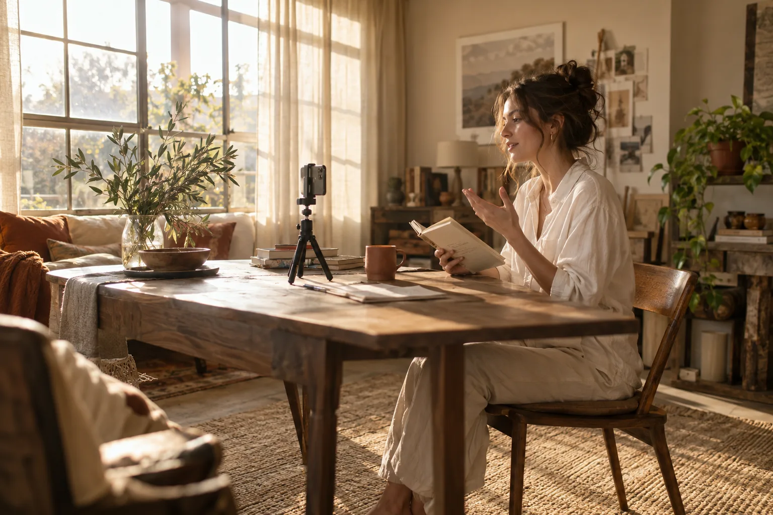 A creator rehearsing a script beside a phone camera in a sunlit home studio