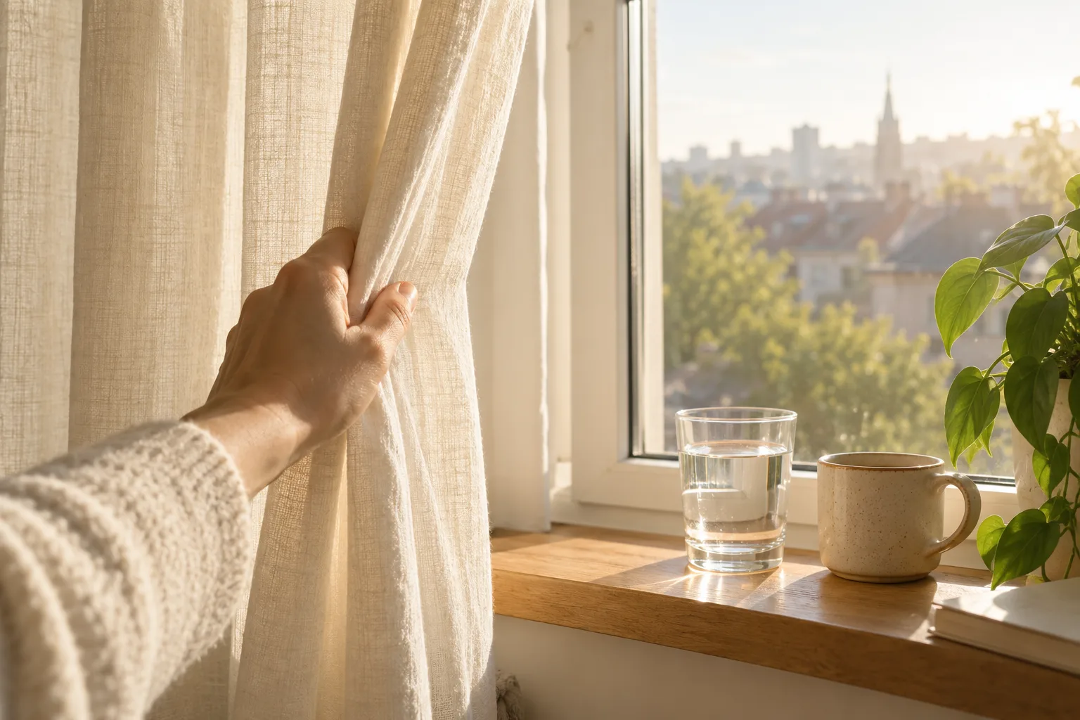 A hand opening linen curtains to morning sunlight beside a glass of water